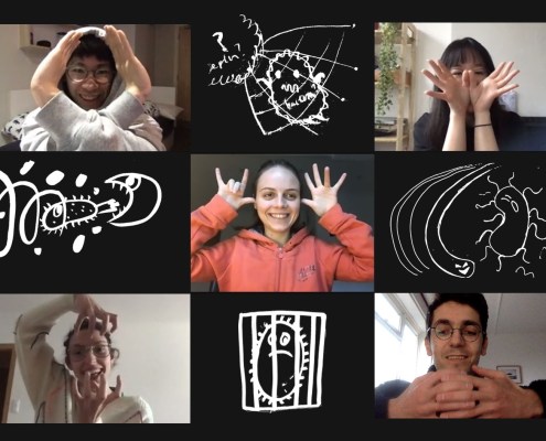 drawings of bacteria and people pulling faces